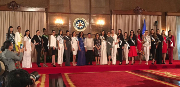 President Duterte posed with DOT Secretary Wanda Teo and the fourth batch of the 65th Miss Universe candidates Monday. Maxine Medina, the Philippine contingent, is on the far right.